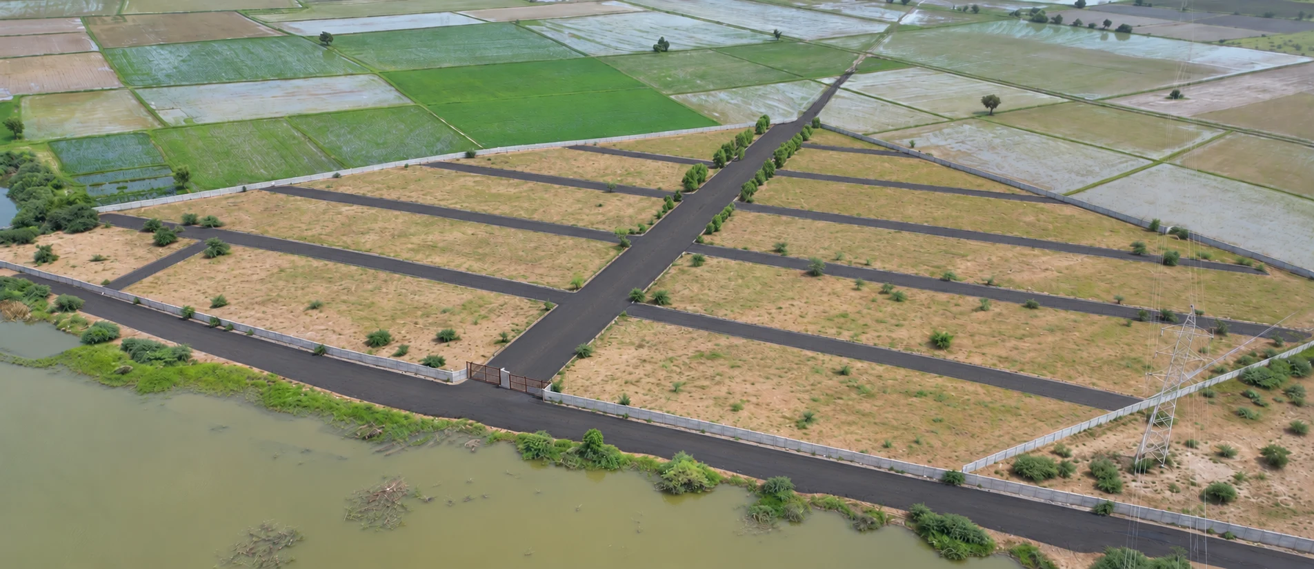An aerial view across Industrial Park 1 with roads, boundary and surrounding land
