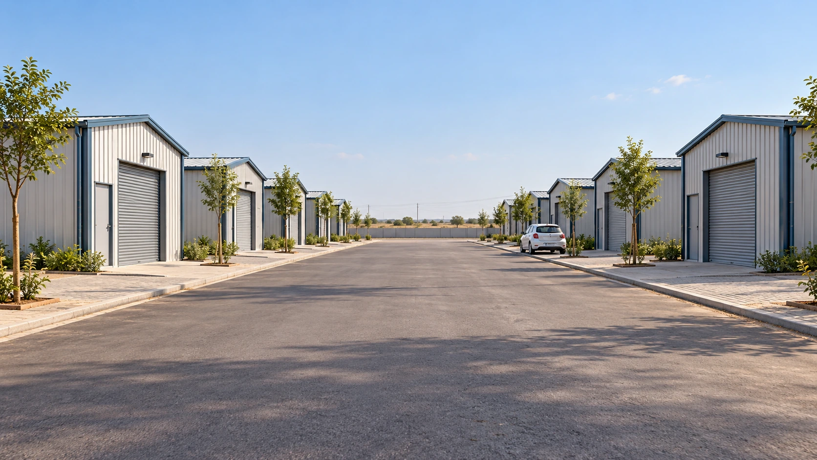 Illustrative industrial street with rows of compact sheds